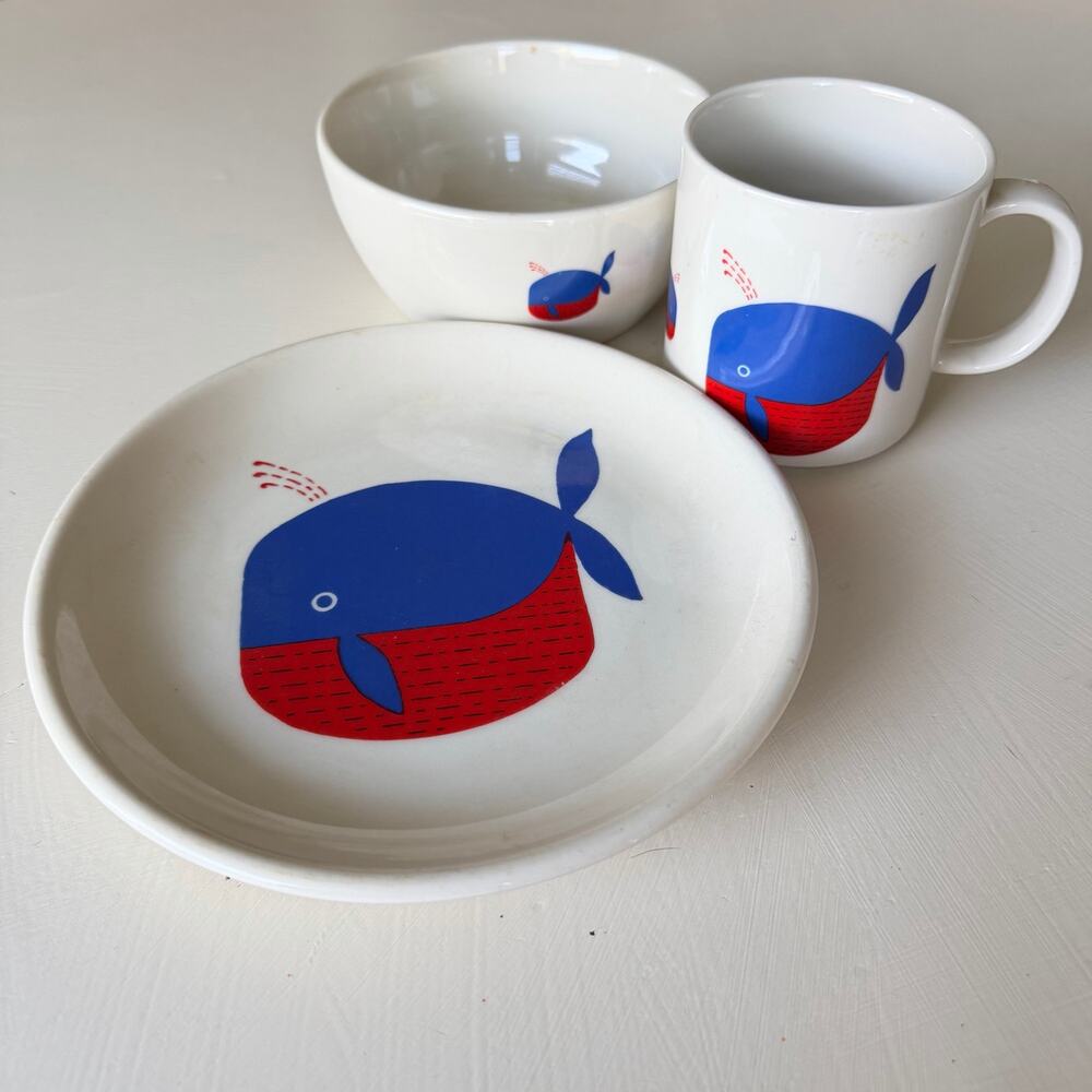 Vintage 1984 Taylor & Ng Minimals Whale Childrens Dinnerware Set Plate Bowl Mug